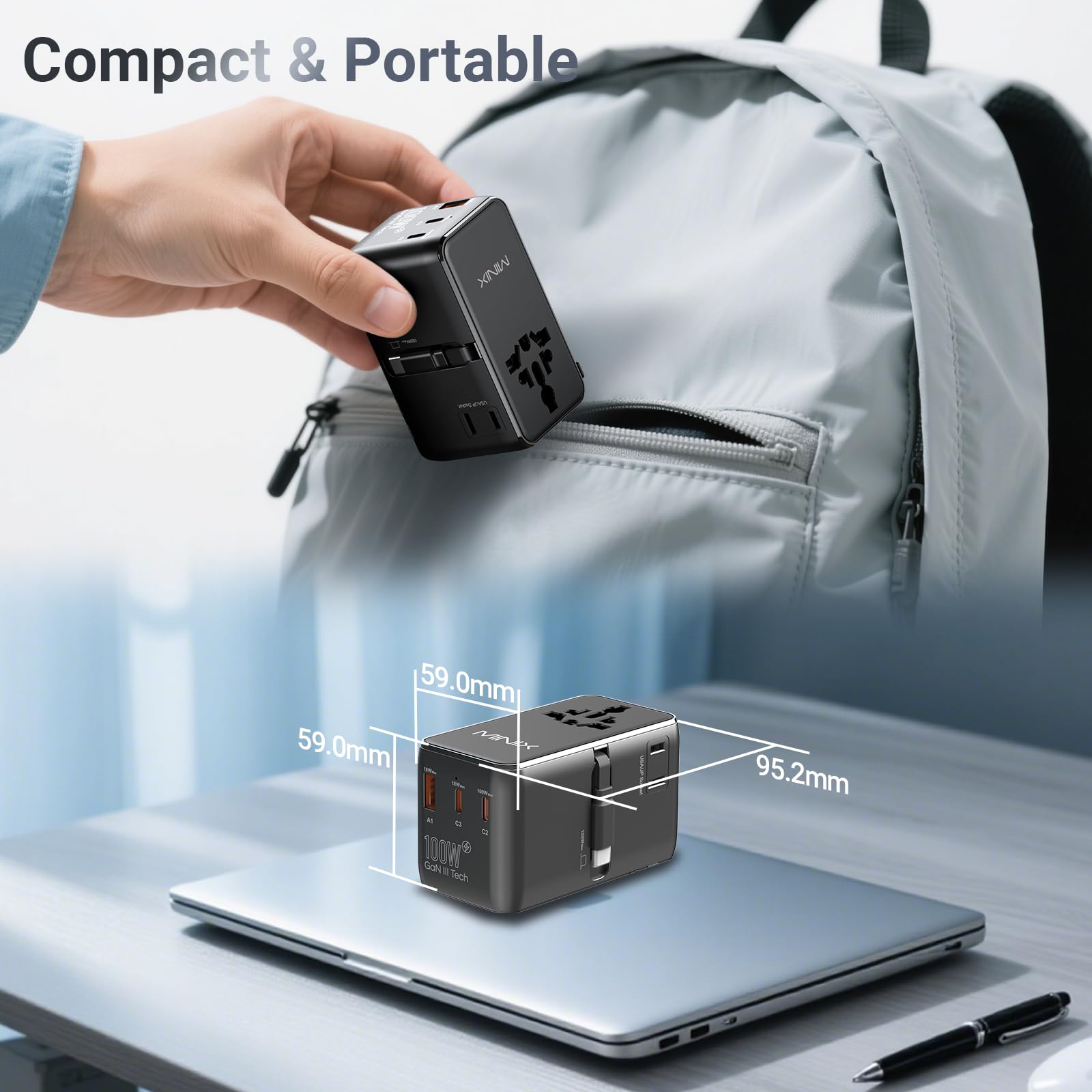 MINIX Adapter do podróży uniwersalny 100W z przewodem USB C składanym, PD 3.0 GaN III, porty USB-C * 3 USB-A * 1, gniazdo AC, ładowarka podróżna globalna dla laptopów, tabletów, telefonów