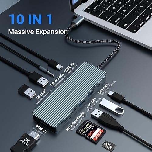Miniatura 2 de Estación de acoplamiento USB C 10 en 1, adaptador con HDMI 4K, 2 puertos USB 3.0, USB-C 3.0, 2 USB 2.0, carga PD de 100 W, SDTF, conector de audio