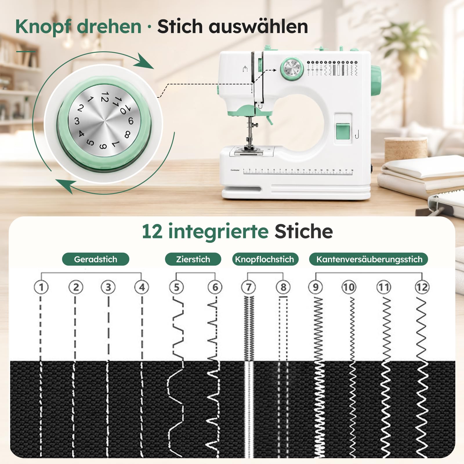 Mini Nähmaschine für Anfänger, Tragbare Elektrische Nähmaschine mit 12 Nähprogrammen, Automatisches Einfädeln, Doppelnadel, LED-Licht, Fußpedal, 58-teiliges Zubehör, Ideal für Kinder & Reparaturen