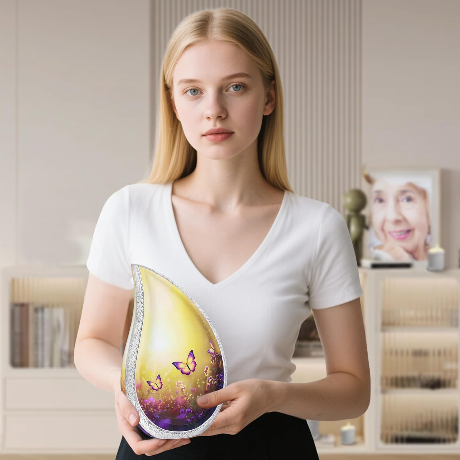 Urn for Ashes for Women & Men, Cremation Urns for Human Ashes Adult Female & Male, Funeral Cremation Urns, Decorative Tear Drop, Purple Butterfly and Lavender, Yellow - Large Teardrop - Image 3