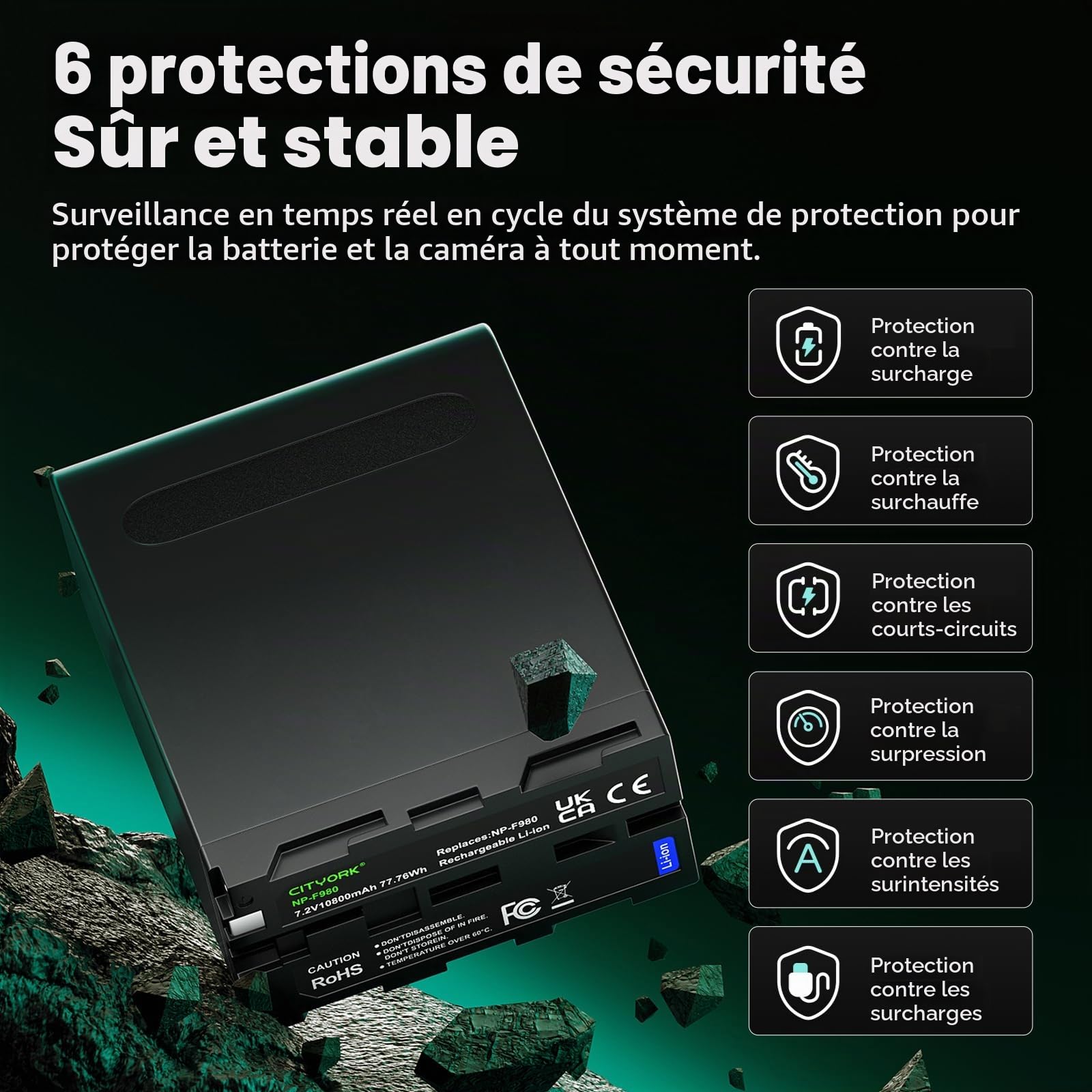 CITYORK 2 X 10800mAh NP-F980 Batterie, pour Sony NP-F980 F970 F975 F960 F930 F770 F750 F730 F570 F550 F530 F330 Toutes Les Battery NP-F, pour caméscopes Sony, Lampes vidéo LED[PD 20W/ USB Type C]