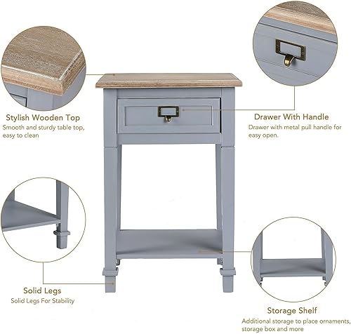 Miniatura 20 de Wnutrees Mesa auxiliar con estación de carga, 2 puertos USB y 2 tomacorrientes, mesita de noche con cajón y estante de almacenamiento abierto para