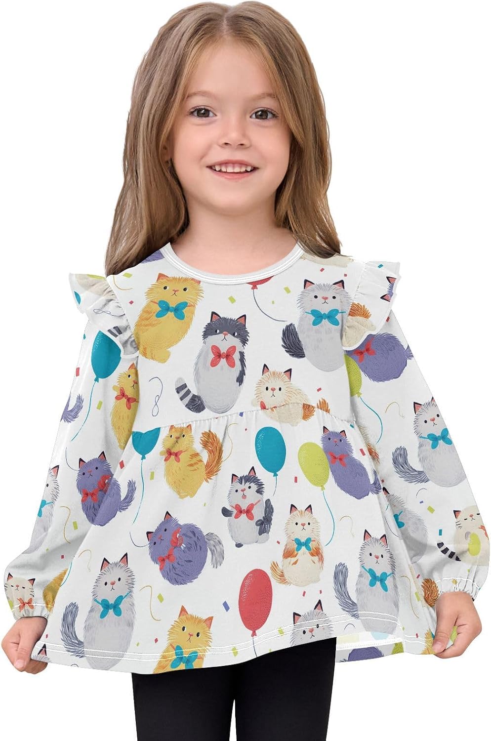 visesunny Toddler Clothes for Girls Yarn Cat Balloon Long Sleeve Fall Shirts Cotton Top with Ruffle Collar