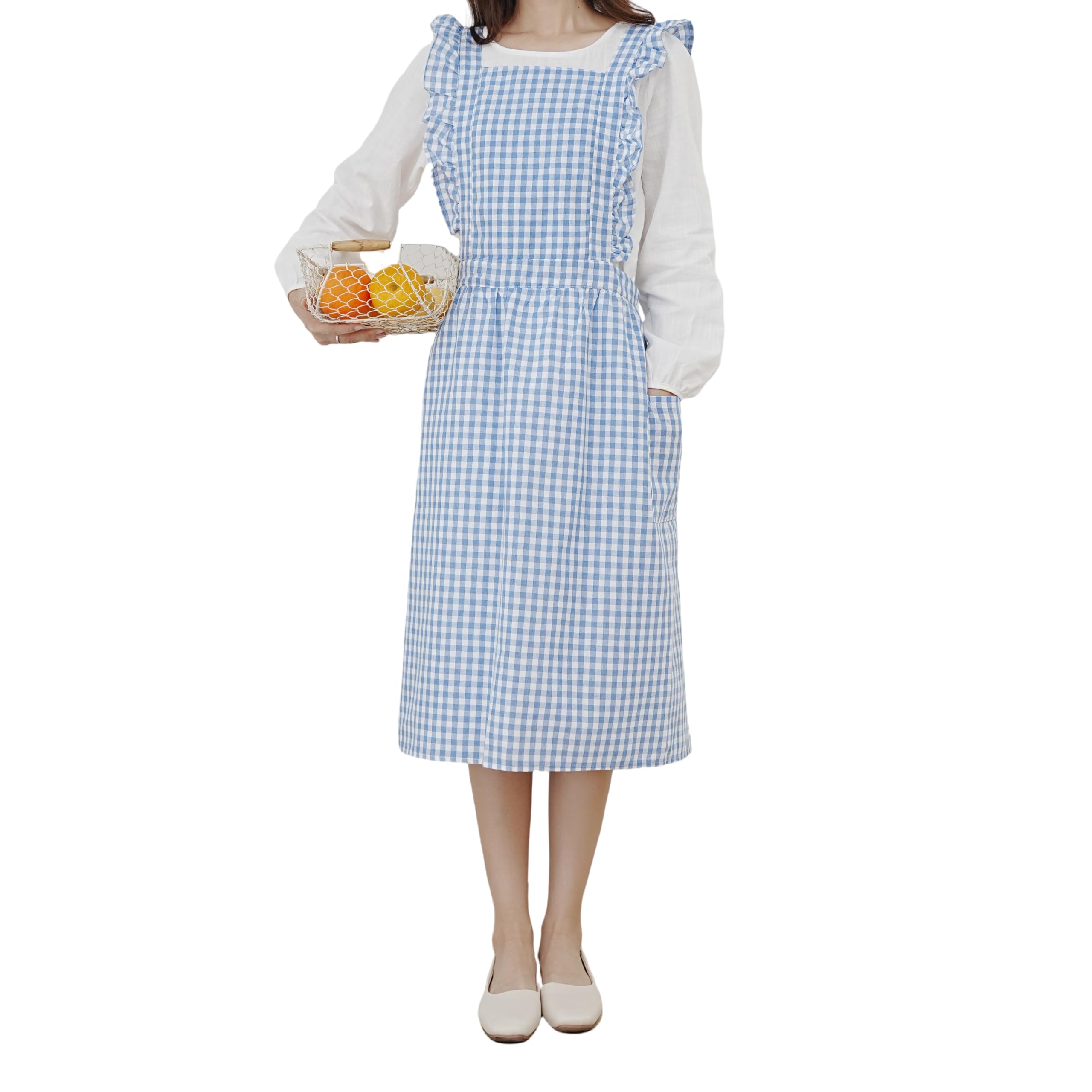 Ruffles Plaid Apron Cute Cotton Large Pleated Lace Up Stain Resistant Cover Up