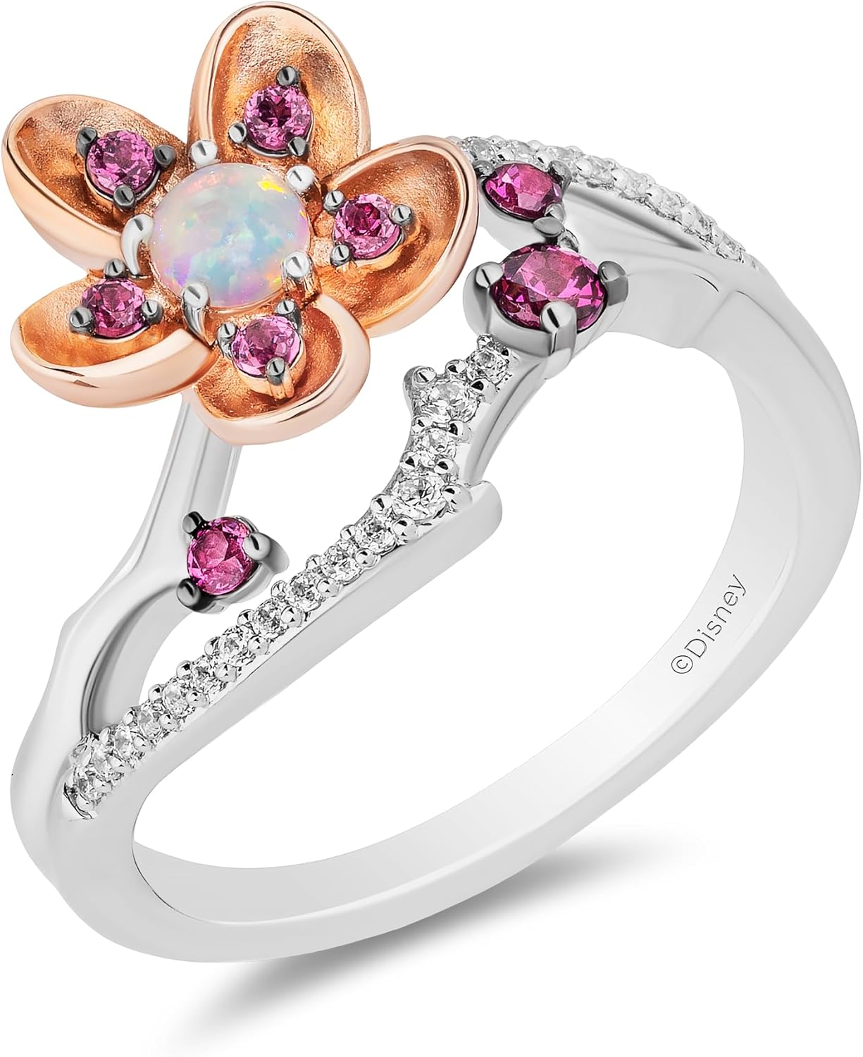 Jewelili Enchanted Disney Fine Jewelry 14K Rose Gold over Sterling Silver with 1/20 Cttw Diamond with Created Opal Mulan Ring