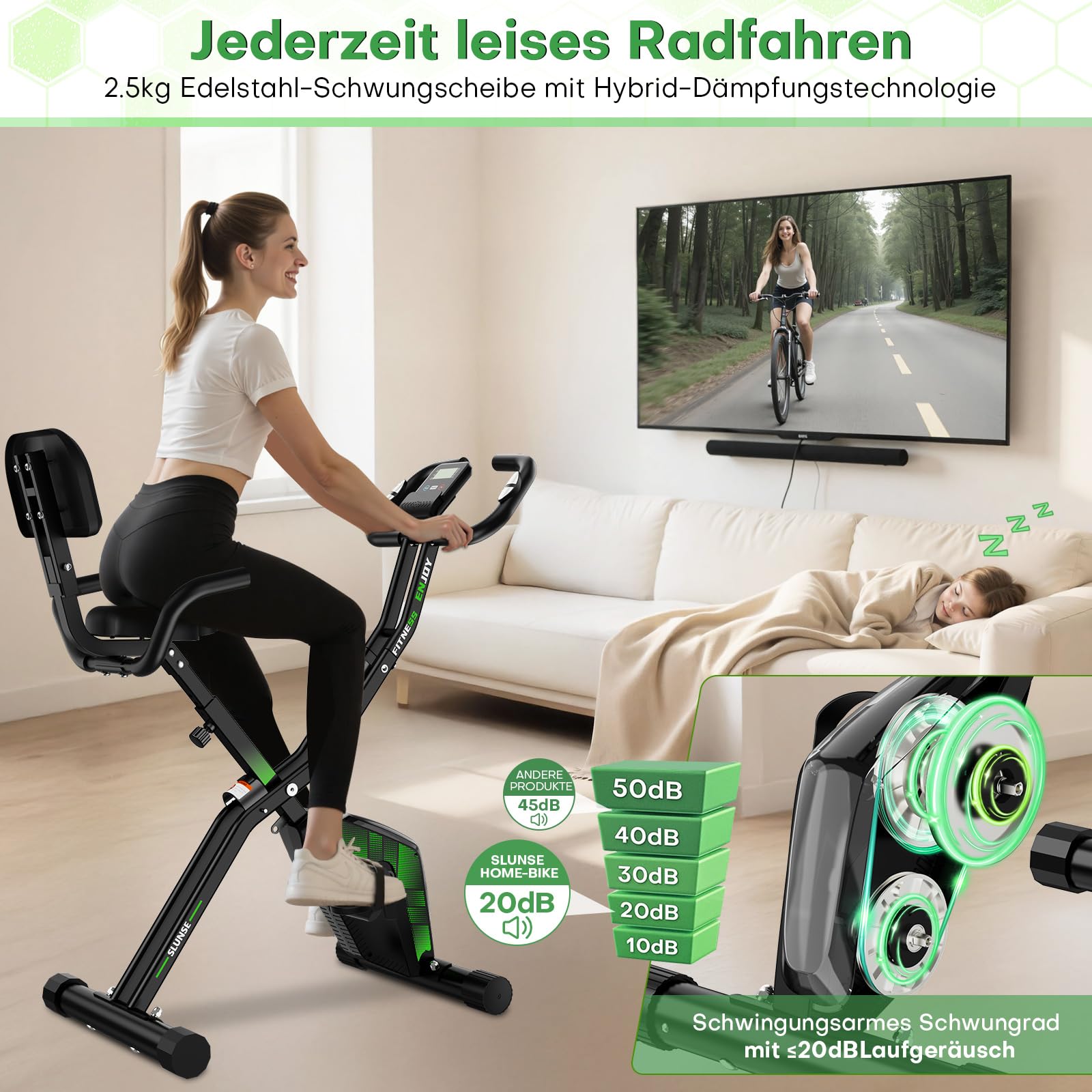 Heimtrainer Fahrrad, SLUNSE Neues 5-in-1 Hometrainer Fahrrad Klappbar, Ergometer Heimtrainer mit 16-fach Magnetwiderstand, Leise & Bequem, LCD-Display, Belastbar bis 160kg, Home Trainer