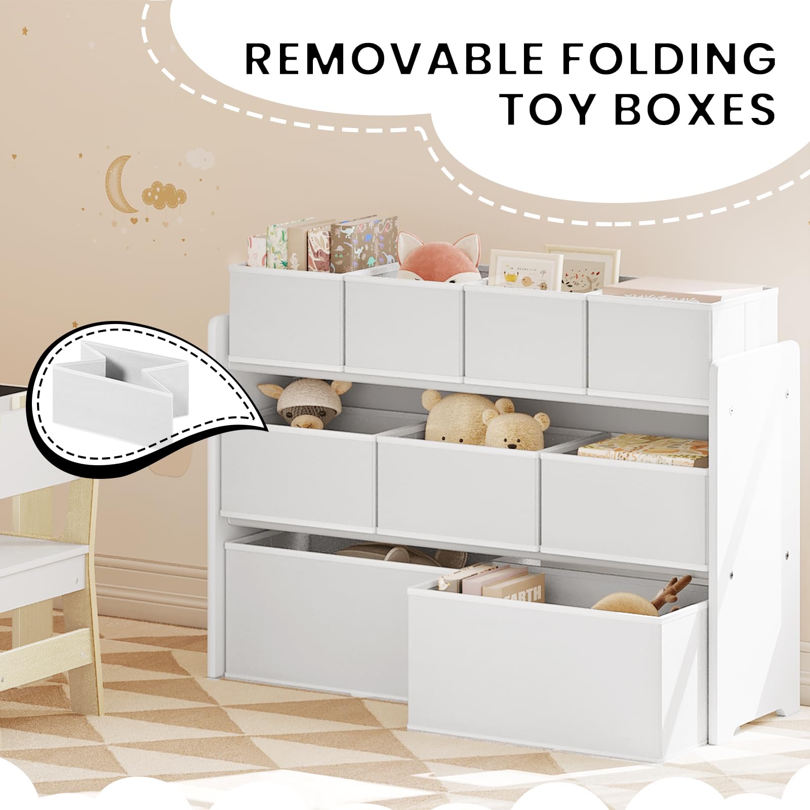 Lestarain Meuble Rangement Enfant, Rangement Jouet Enfant, 9 Boîtes Amovible en Tissu Non-tissé, Blanc, 92x30x60/68cm