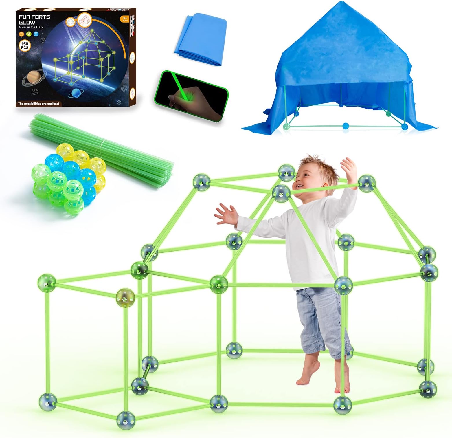 Kids Fort Building Kit, 150 Pieces Glow in The Dark STEM Activities Construction Toys for Age 3 4 5 6 7 8 Boys Girls Magic Air Fort Builder Toy Indoor Outdoor DIY Fun Forts Castles Tunnels Play Tent