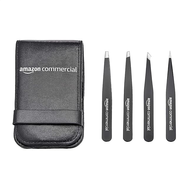 AmazonCommercial Eyebrow Tweezers, Stainless Steel Slant Tweezers Set and Pointed Hair Removal Tweezers, Precision Tweezers for Ingrown Hair, Eyebrows Plucking, 4-Pack