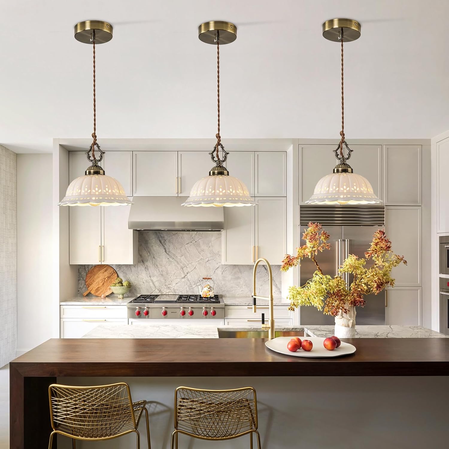 Ceramic Pendant Light 1-Light Adjustable Cord Industrial Ceiling Hanging Light Brass Vintage Chandelier for Kitchen Island Bar Dining Room Bedroom Foyer Hallway Farmhouse