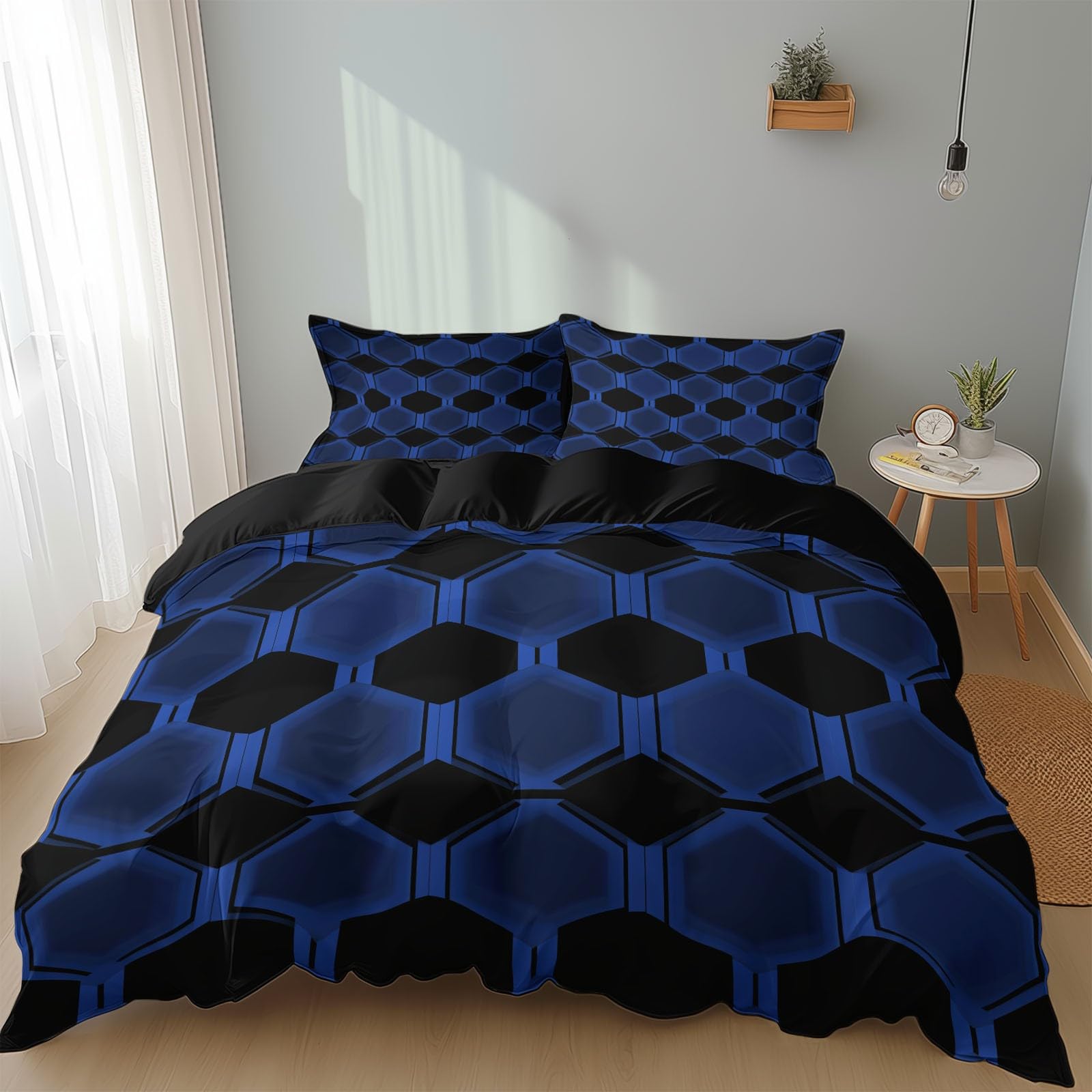 Poszwa na kołdrę 260 x 240 cm Czarny Dwustronny zestaw pościeli dla dorosłych z zamkiem błyskawicznym, 2-osobowa poszwa na kołdrę sześciokątny wzór, 2 poszewki na poduszki 65x65 cm