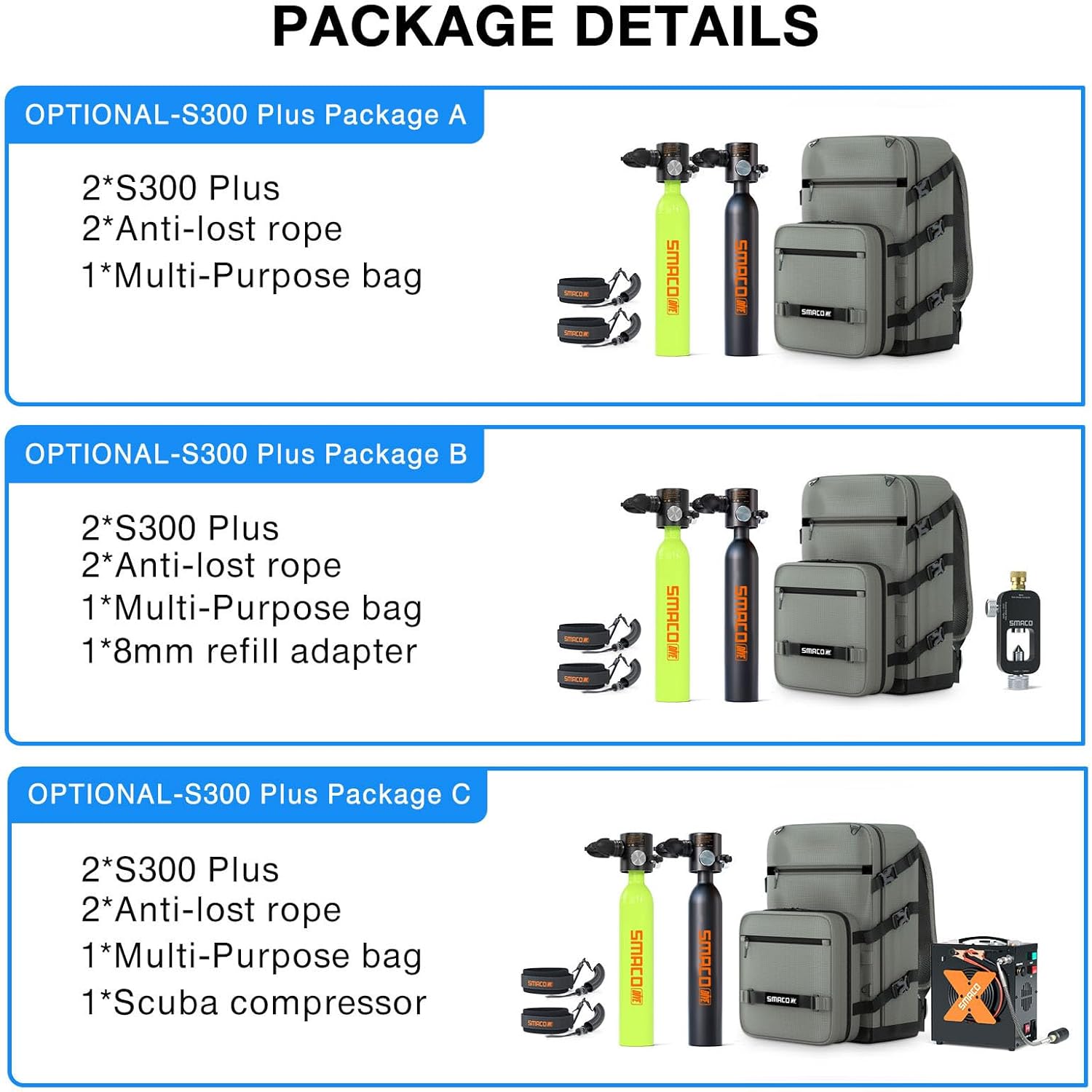 SMACO Mini Scuba Tank 0.5L Portable Diving Tank (2 Pcs) Reusable Scuba Pony Bottle for Underwater Exploration Lung Air Tank Kit Diving Cylinder Family and Buddy Kit for Boat Cleaning Rescue S300 Plus