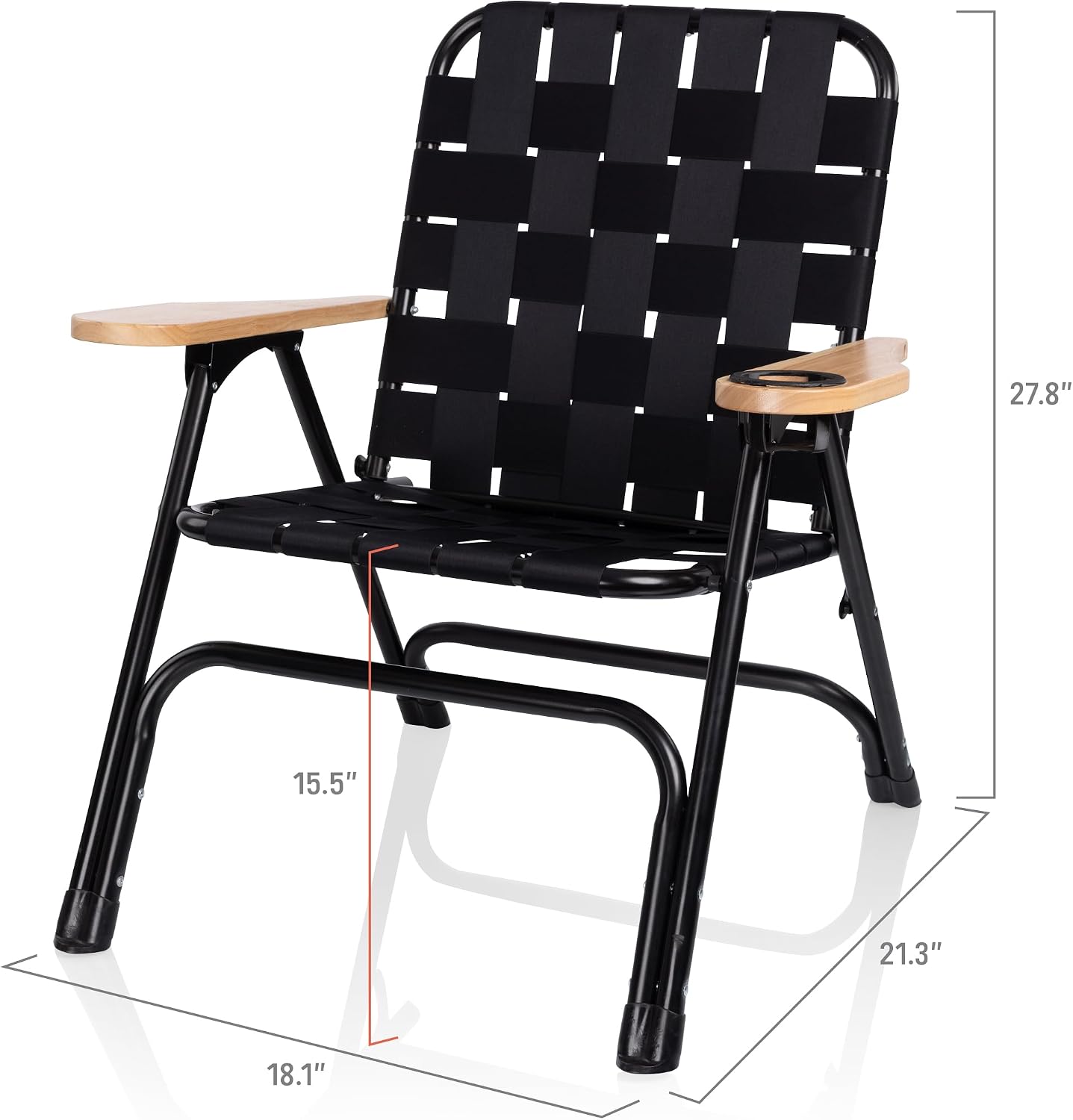PICNIC TIME Lux Woven Camp Chair, 250 lbs Capacity Outdoor Folding Camping Chair for Adults with Cupholder, Rust-Free Lightweight Aluminum Frame, and Sturdy Webbing Design for Comfort (Black)