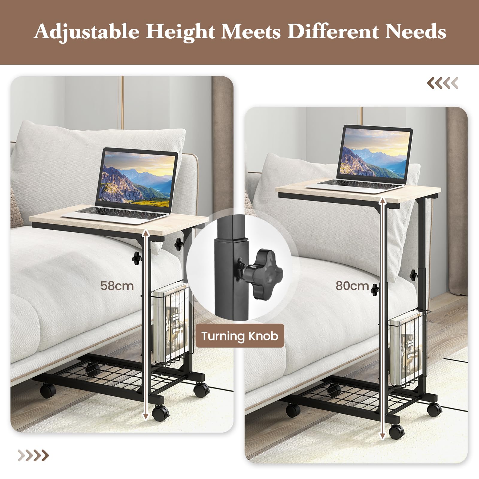 GIANTEX Mesa Auxiliar en Forma de C 50 x 30 cm con 4 Ruedas (2 con Freno), Altura Ajustable 58-80 cm, Cesto de Metal Lateral, Mesa Lateral para Dormitorio, Salón (Natural)