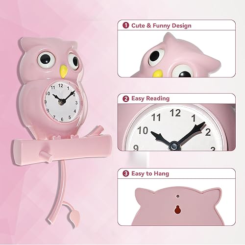 Miniatura 2 de Lily's Home Reloj de pared con péndulo de búho rosa con ojos giratorios, rama oscilante, montaje en pared, decoración temática de dormitorio, reloj