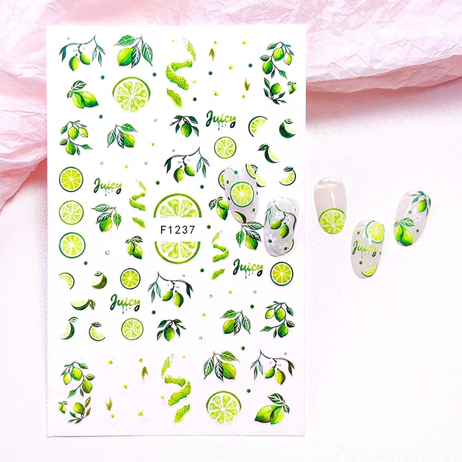 Summer Fruit Nail Stickers for Women, Lemon Lime Slice Design Nail Decals 3D Self Adhesive Nail Art Stickers Cute Fresh Nail Decor Accessories for Beach Vacation DIY Manicure Supplies, 6 Sheets