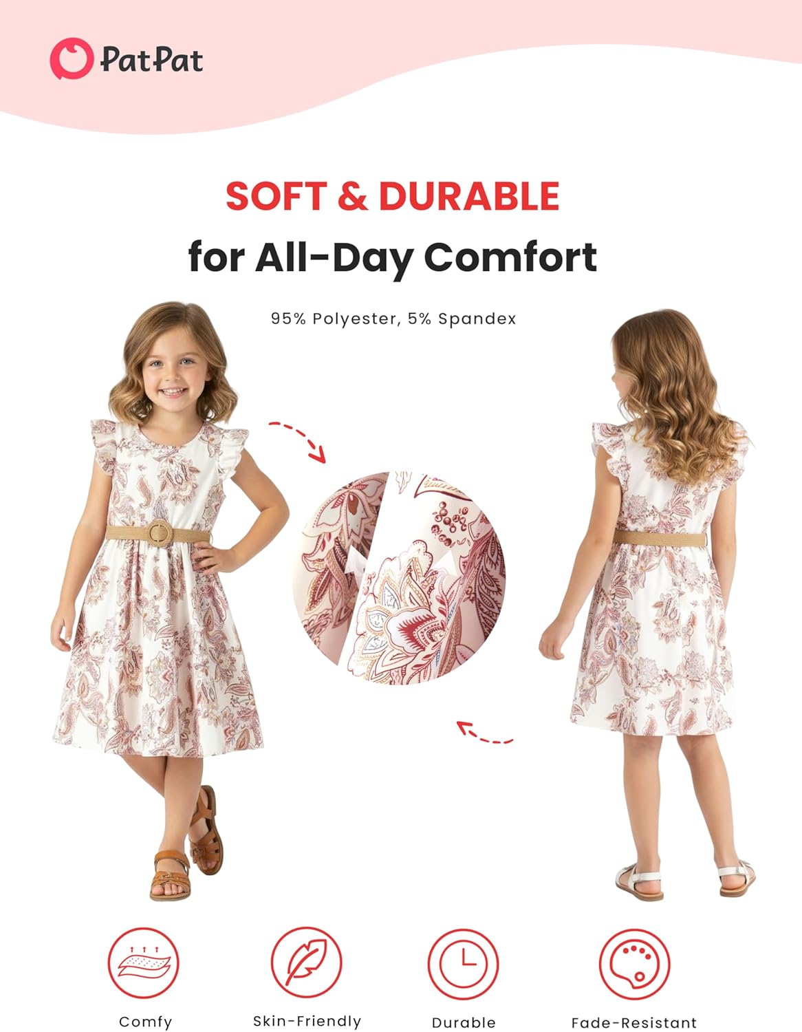 PATPAT Little Big Girls Dress Vintage Boho Floral Ruffle Short Sleeve Casual Swing Dress with Braided Belt - Image 15