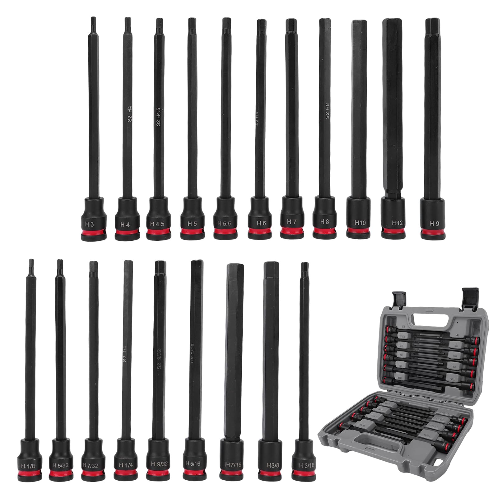 Set di Bussole da 3/8 Set di Bussole Esagonali a Impatto Durevole a Lunga Portata per Manutenzione Fai da Te 20 Pezzi in Acciaio Legato S2 in Custodia Stampata a Soffiaggio