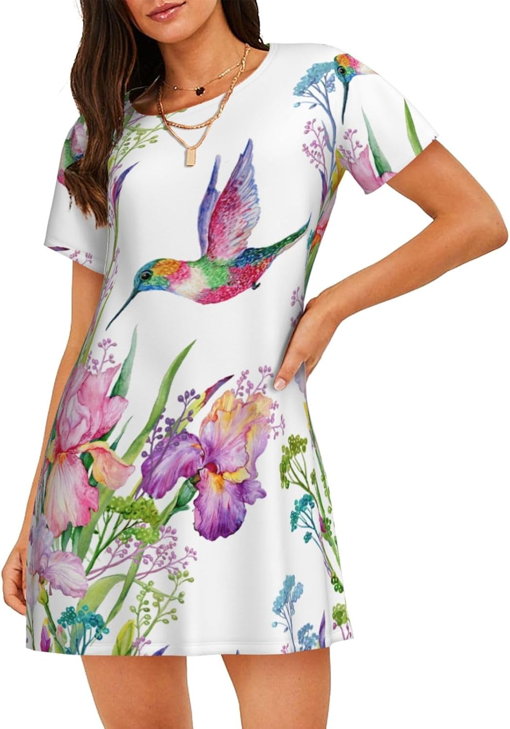 garden with birds and flowers Print Sleep Shirts for Women Short Sleeve Night Shirts for Sleeping Pullover Nightgown