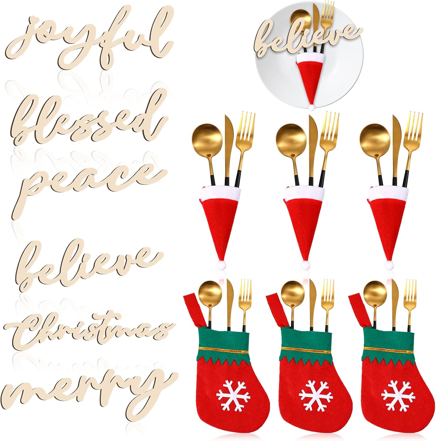 Geetery 24 Set Christmas Cutlery Tableware Holders Christmas Santa Hats Silverware Holders Christmas Socks Silverware Holders and Wooden Cutout Letter Signs for Party Dinner Table Decorations