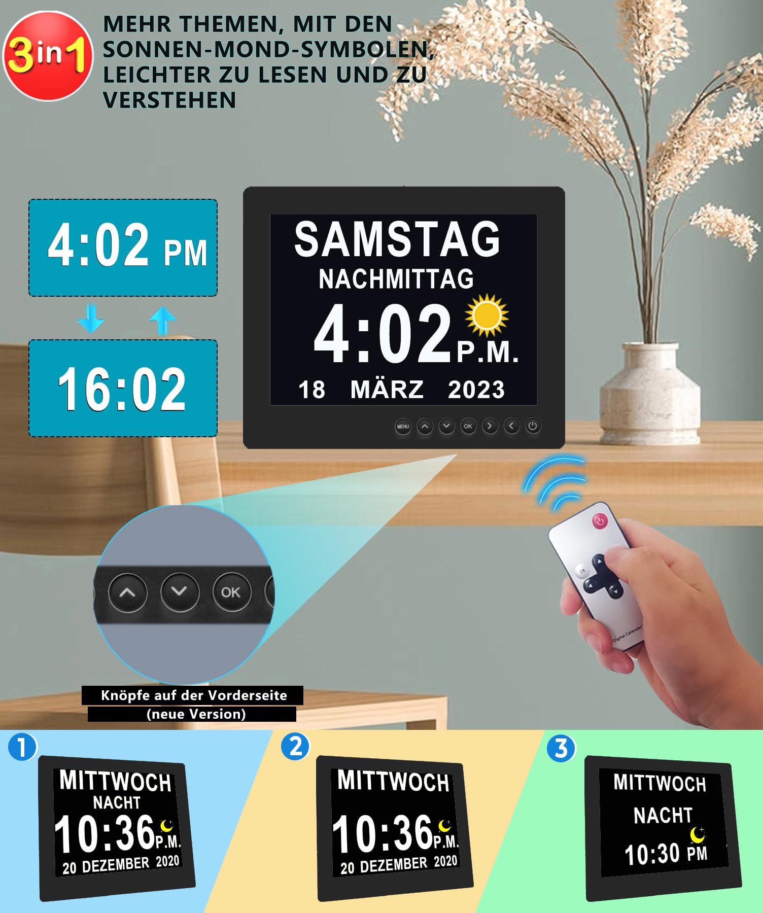 Véfaîî Upgraded 19 Alarme Elektronische Tag Datum Kalenderuhr, Nicht-Abgekürzte Tag Datum Große Uhr für Senioren mit Demenz Alzheimer – mit Fernbedienungr – 8 Zoll mit Fernbedienung