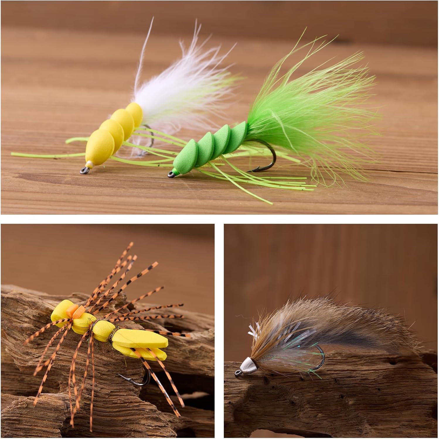 BASSDASH 18pcs Bass Fly Fishing Flies, Dry Wet Flies Poppers in Hook Sizes 1/0, 4, 6 with Waterproof Fly Box
