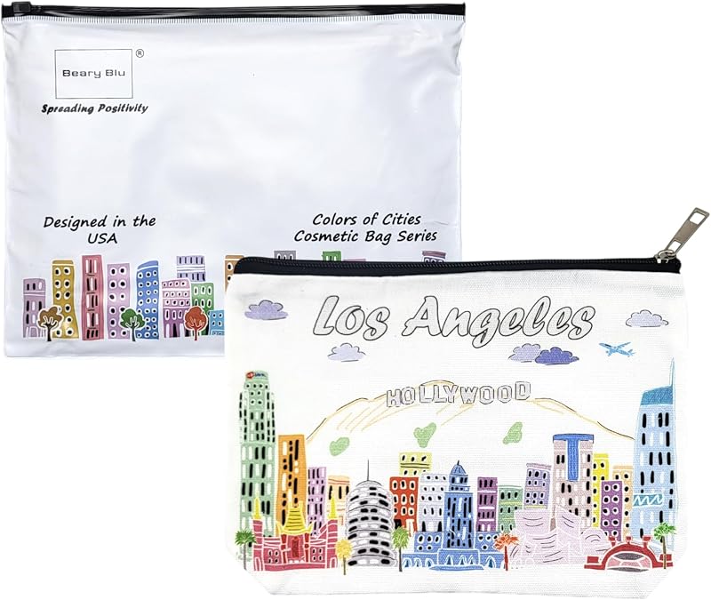Necessaire de maquiagem Beary Blu Los Angeles com zíper, em lona de algodão, 25,4 x 1,27 x 17,78 cm