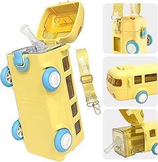 - Silicone Bus Shape Water Bottle For Kids With Strap Leak-Proof Cartoon Water Bottle With Wheels (Color-Yellow), 500 ML