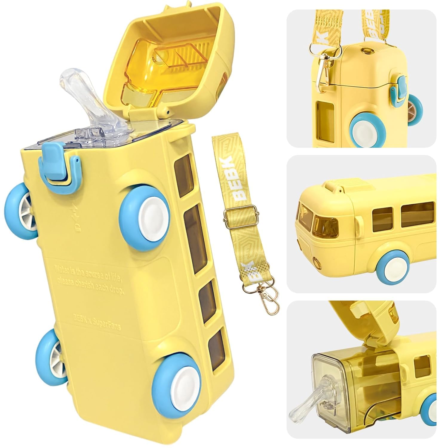 PLUSPOINT Silicone Bus Shape Water Bottle For Kids With Strap Leak-Proof Cartoon Water Bottle With Wheels (Color-Yellow), 500 ML