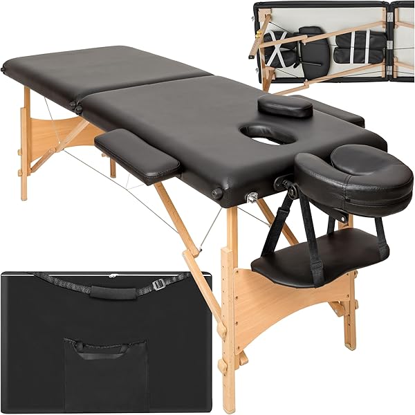 tectake® Massageliege klappbar mit 2 Zonen, Massagetisch tragbar mit 5cm Polsterung, höhenverstellbare, Mobile Massageliege, Massagebank mit Holzfüßen und Zubehör Tragetasche - schwarz