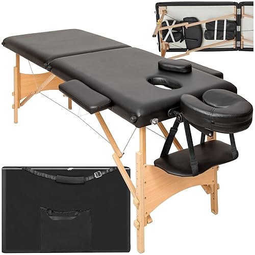 tectake® Massageliege klappbar mit 2 Zonen, Massagetisch tragbar mit 5cm Polsterung, höhenverstellbare, Mobile Massageliege, Massagebank mit Holzfüßen und Zubehör Tragetasche - schwarz - ohne Massage Rollen - Schwarz