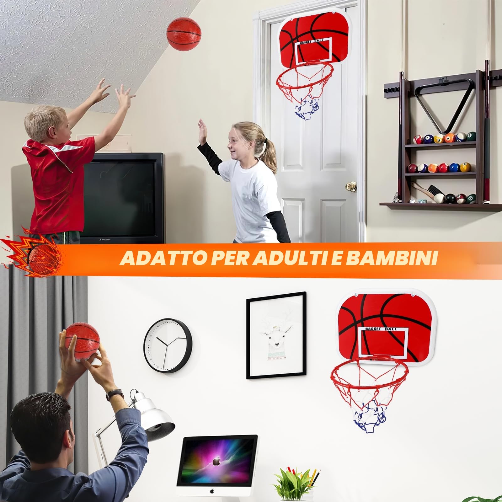 Gowkeey Mini Canestro Basket da Camera Set, Canestro Basket Bambini Facile da Installare, Canestro Basket da Muro con Pompa, Pallone da Basket e Altri Accessori per Porte di Casa, Pareti, Uffici