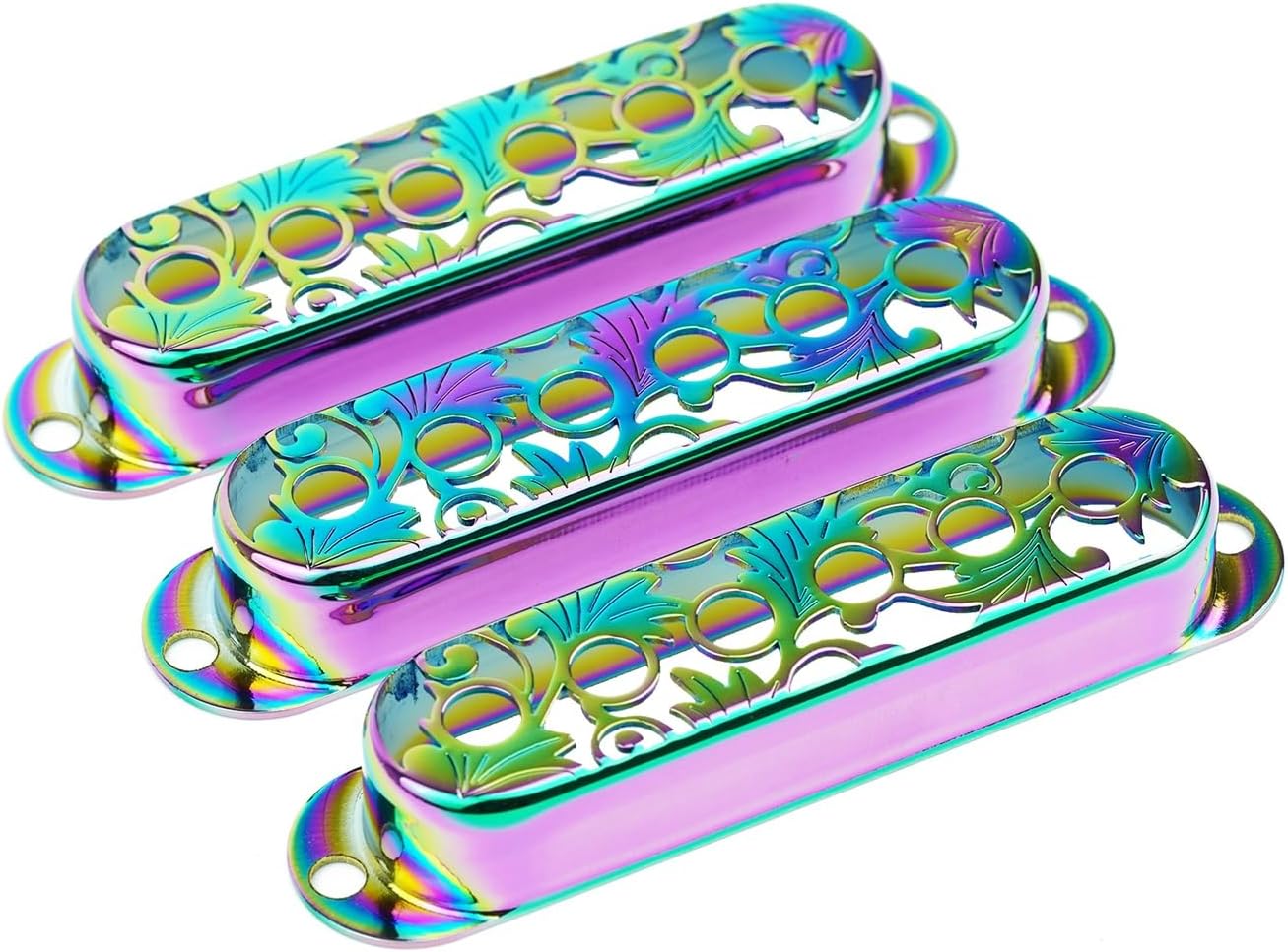 Guyker 3Pcs Single Coil Guitar Pickup Covers (52mm Pole Spacing), Copper Hollow Out Style Pickup Mounting Ring Set Guitar Accessories Replacement Part (PS006, Chameleon Rainbow)
