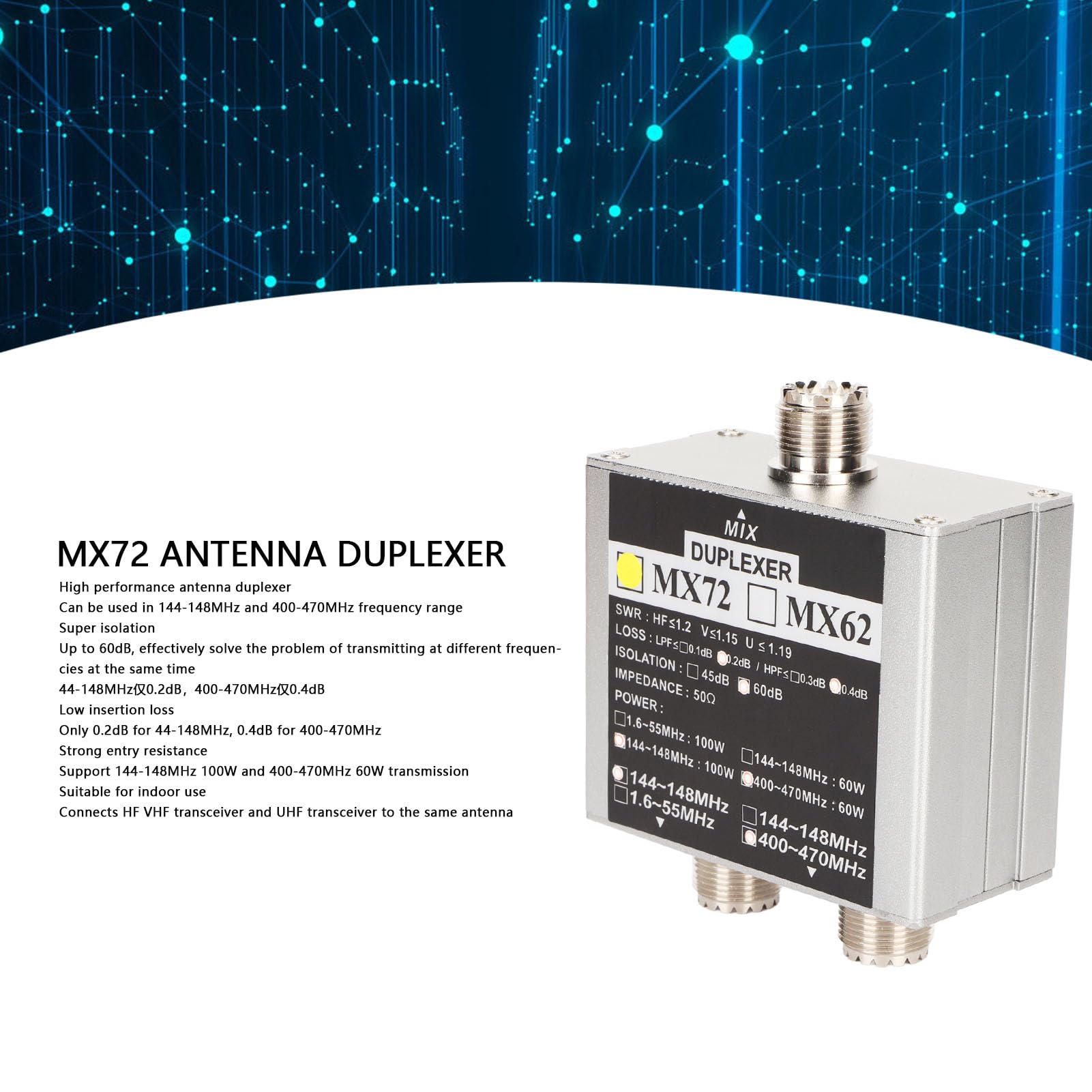 Combinador de Antena Walkie Talkie de Jamón MX72 de Alto Rendimiento con Duplexor de Estación de Tránsito Multifrecuencia VHF UHF, Aislamiento Súper de 60 DB para Uso en Interiores