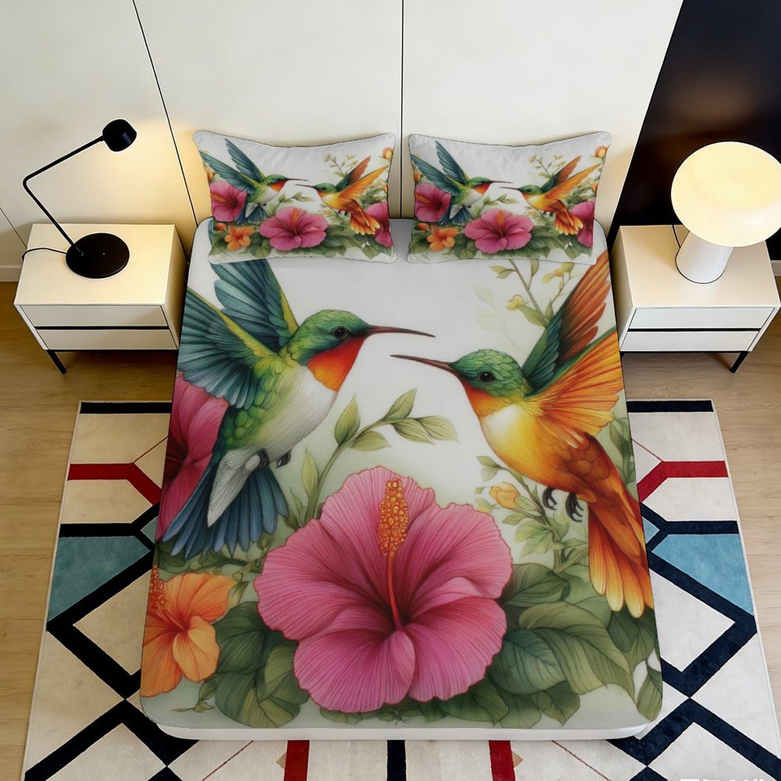 3D Printed Hummingbird Floral Fitted Sheet Microfiber Soft Breathable Tropical Bird Mattress Cover for Bedroom Dormitory Guest Room Protection Decor 120x200x25cm