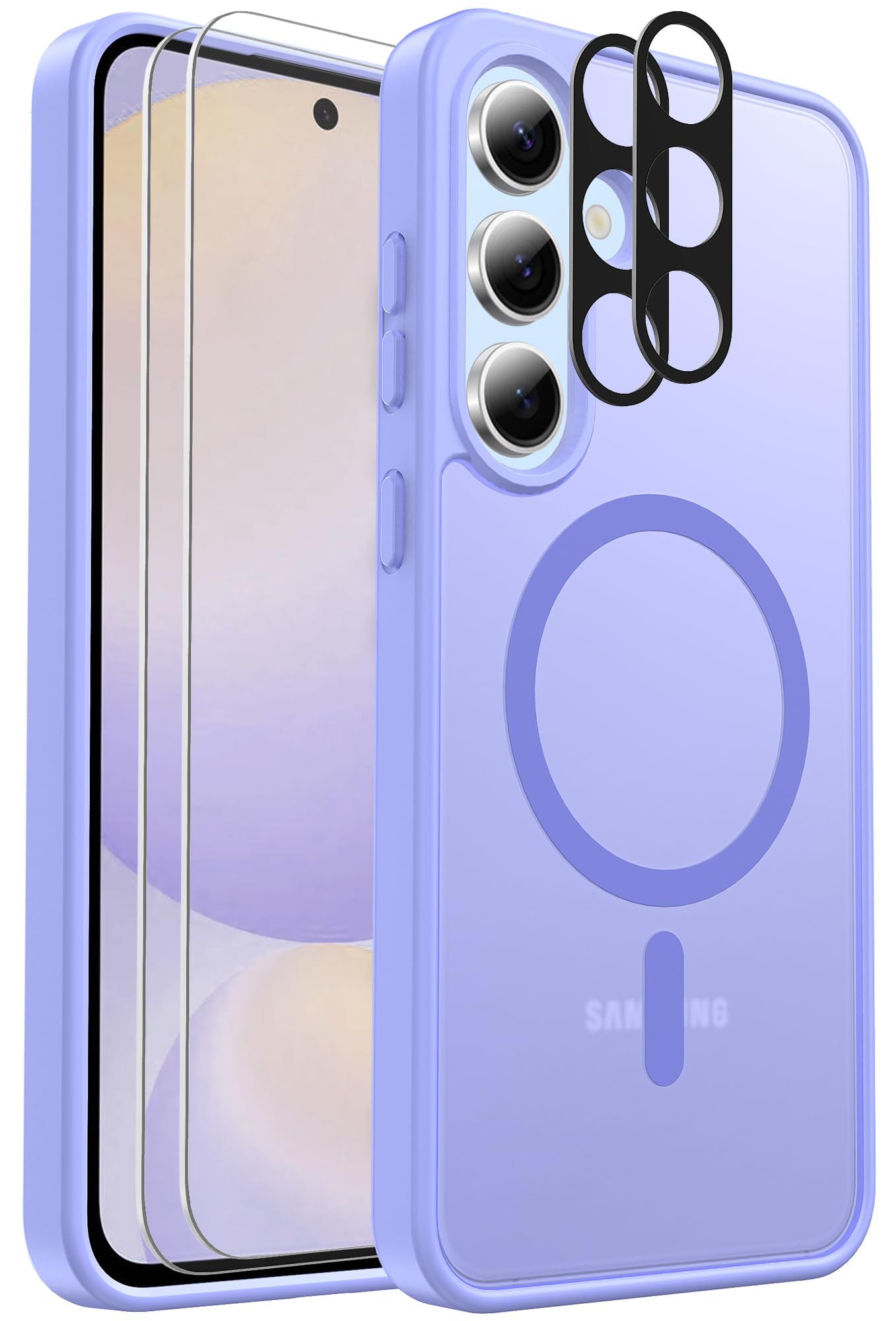 for Samsung Galaxy S24 FE Case Magnetic Shockproof, [Fit for MagSafe] [Glass Screen Protector + Camera Lens Protector] Translucent Anti-Fingerprint