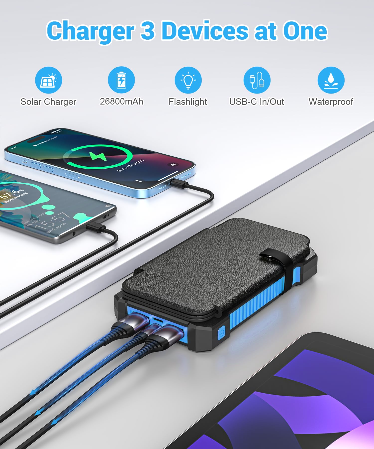Chargeur Solaire 26800 mAh avec 4 Panneaux Solaires, Batterie Externe Solaire étanche avec Charge Rapide USB-C 18W pour Téléphones Portables, Tablettes, Ordinateurs. (Bleu)