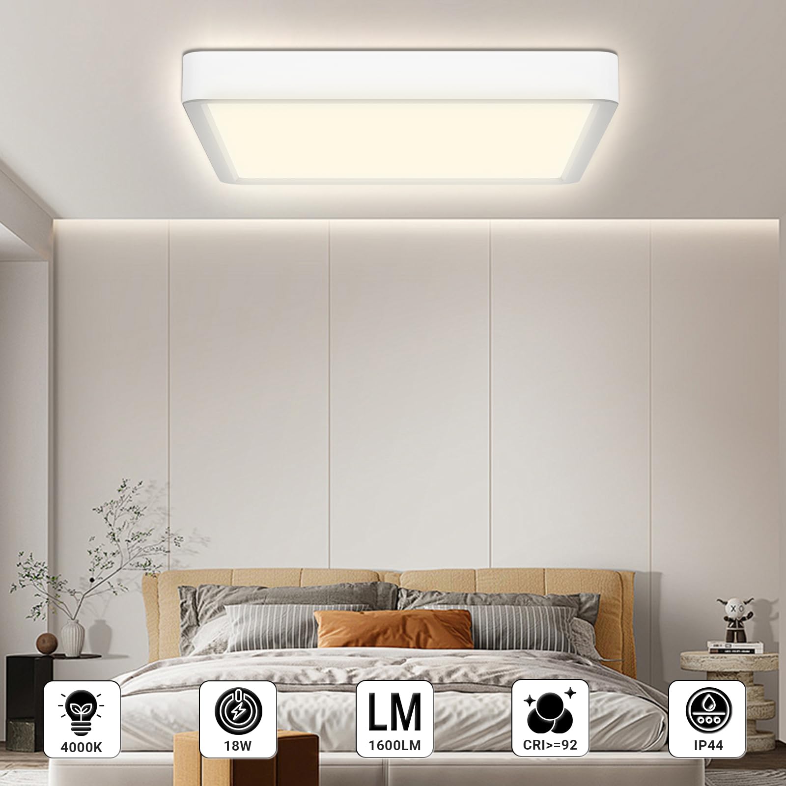LQWELL® Plafoniera Lampada da soffitto a LED, IP44 Lampada da bagno impermeabile Quadrata piatta 18W 4000K 1600LM Sottile per soggiorno Bagno Camera da letto Cucina Seminterrato Ufficio, 220 * 24mm