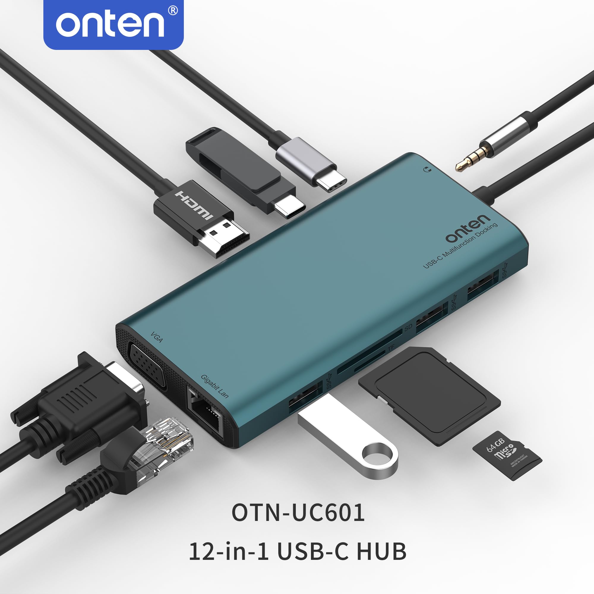 Onten USB C Hub 12in1, Docking Station mit 2X HDMI 4K, 100W Power Delivery, 3X USB 3.0, Gigabit LAN, VGA 1080P, SD/TF Kartenleser, Audio – MacBook Pro/Air, Windows, Tablets