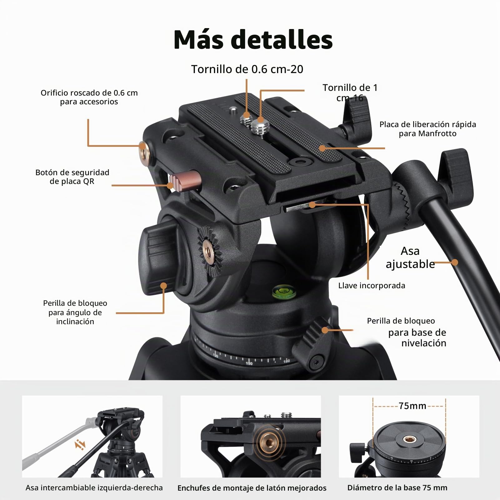 Cayer BV30 Trípode de Video, Soporte de Trípode de Aleación de Aluminio Resistente con 360° Cabezal de Arrastre Fluido, Placa QR Compatible con Canon Nikon Sony y Otras,Carga hasta 17.6lb/ 8kg