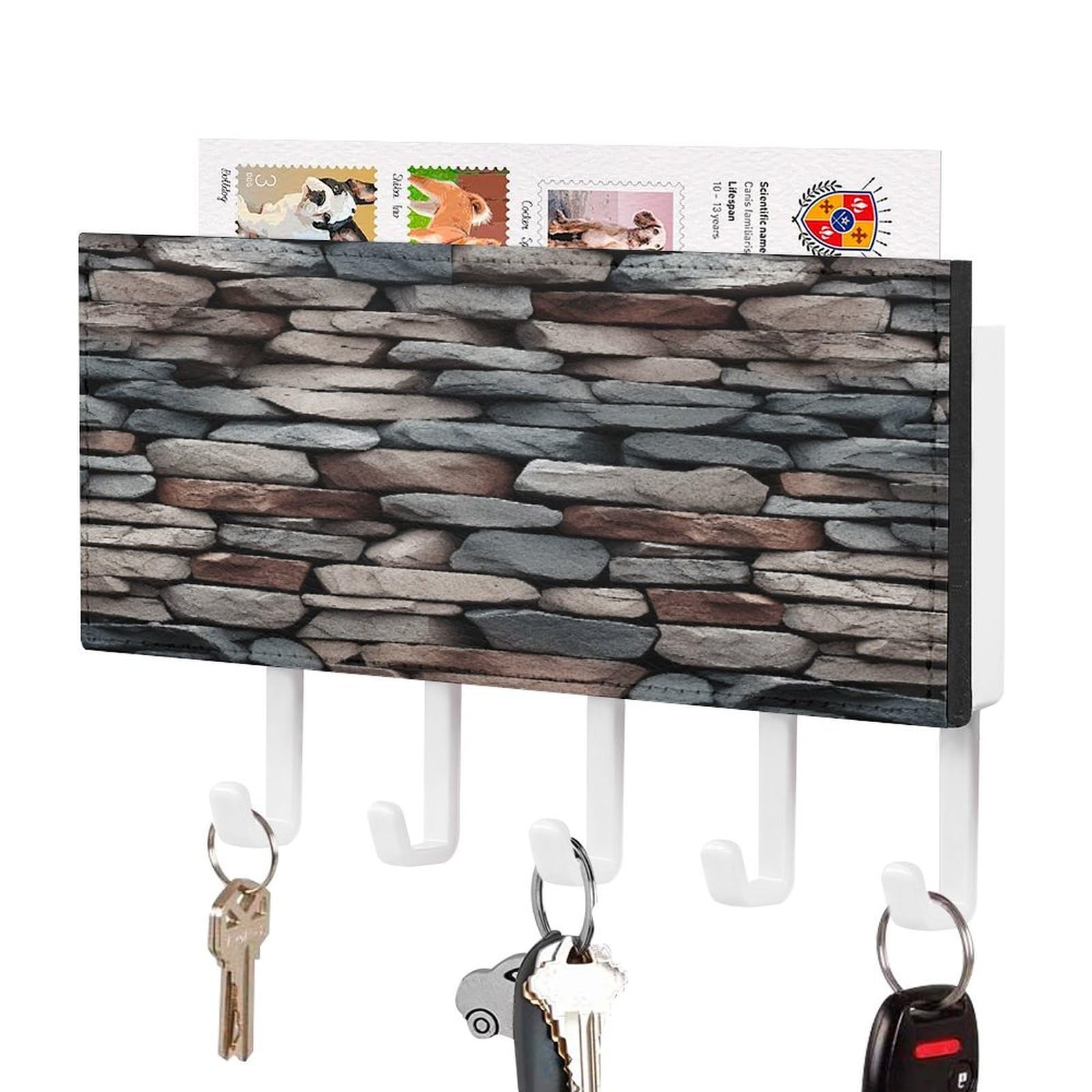 FekiLoot Stone Key Holder Wall Mount Key Hanger with 5 Hooks Decorative Key Rack Hanging Key Hooks with Mail Organizer Key Holder for Wall Living Room Kitchen Bathroom Hallway White