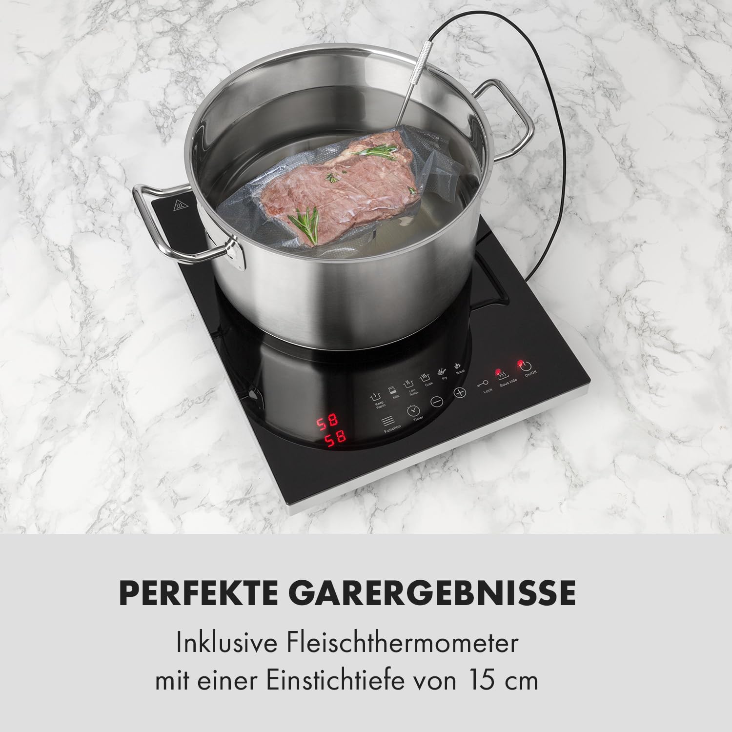 Klarstein Cook n Roll - Kochplatte Induktionskochfeld Einzelkochfeld, 2000W, Kochfeld: 26 cm Ø, 10 Temperaturstufen, 6 Garprogramme, SousVide-Funktion, HeatControl: inklusive Thermometer, schwarz