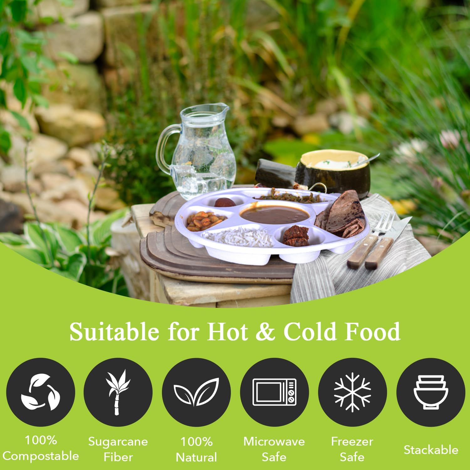 three leaf 7 COMPARTMENT BAGASSE ROUND PLATE, 50 Ct. Heavy-Duty- Super Strong- Natural- Eco-Friendly Disposable Bagasse Plates, 100% Biodegradable 7 compartment plates - Image 5
