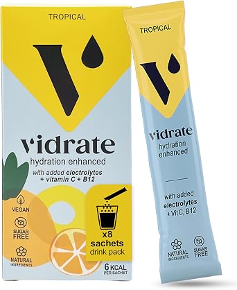 Vidrate Electrolytes Powder - Hydration Sachets Packed with Vitamins - Zero Sugar Rehydration Sachet with No Artificial Sweeteners & Preservatives - Tropical Small Pack, 8 Electrolytes Sachets