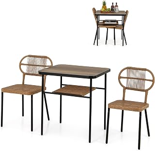 LIFEZEAL Juego de Mesa de Comedor con 2 sillas para jardín, Silla de Mimbre PE, Mesa de Madera con Estante, Estructura de Metal, Muebles Exterior de terraza, Patio, Piscina