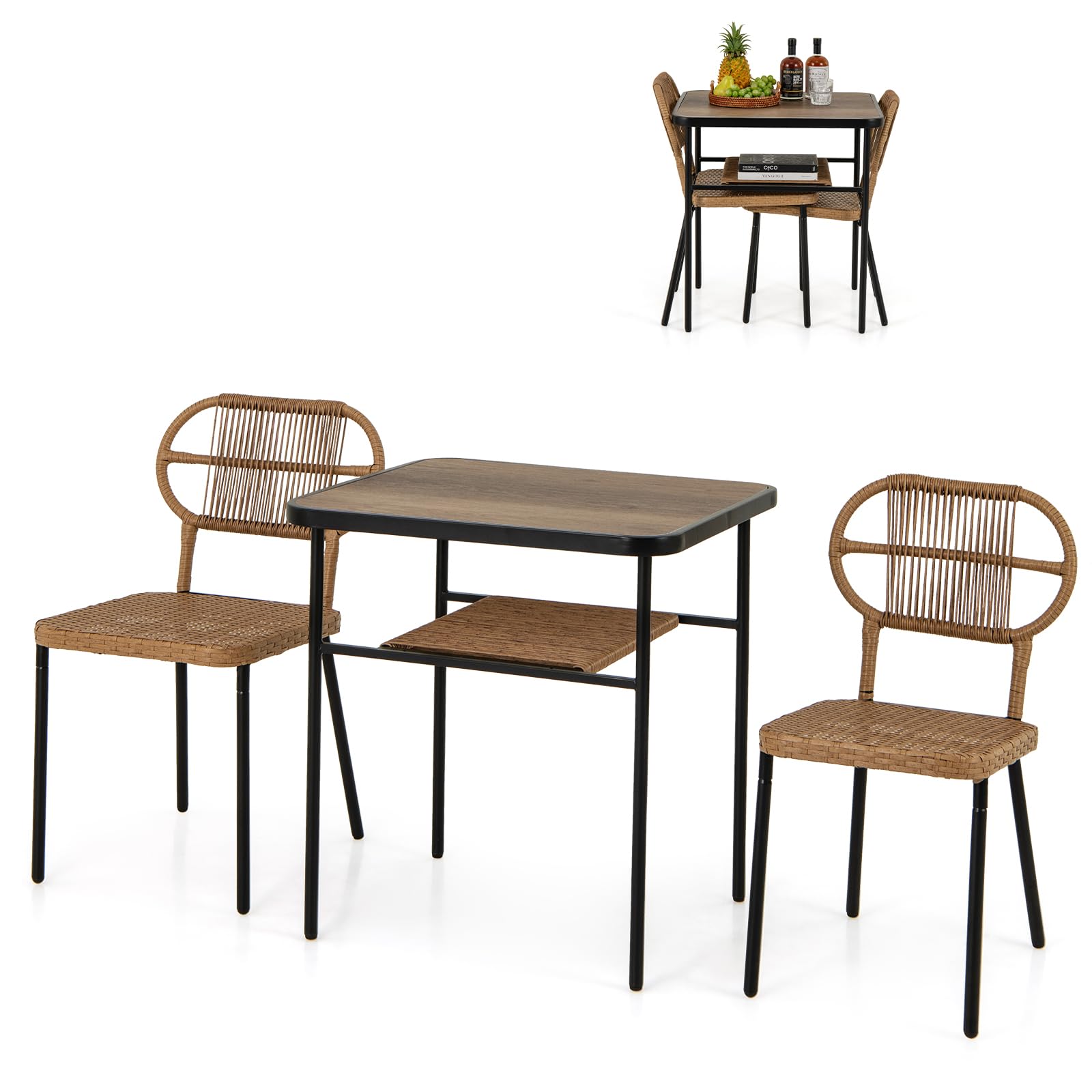 LIFEZEAL Set di mobili da giardino in polyrattan con 2 sedie per giardino, tavolo da giardino con mensola, set di mobili da giardino 3 pezzi per terrazza, patio, piscina