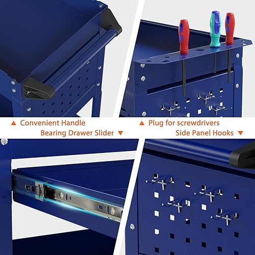 Miniatura 6 de Carrito de herramientas rodante de 3 niveles con cajones, carrito utilitario resistente sobre ruedas, carrito de servicio de gran capacidad de