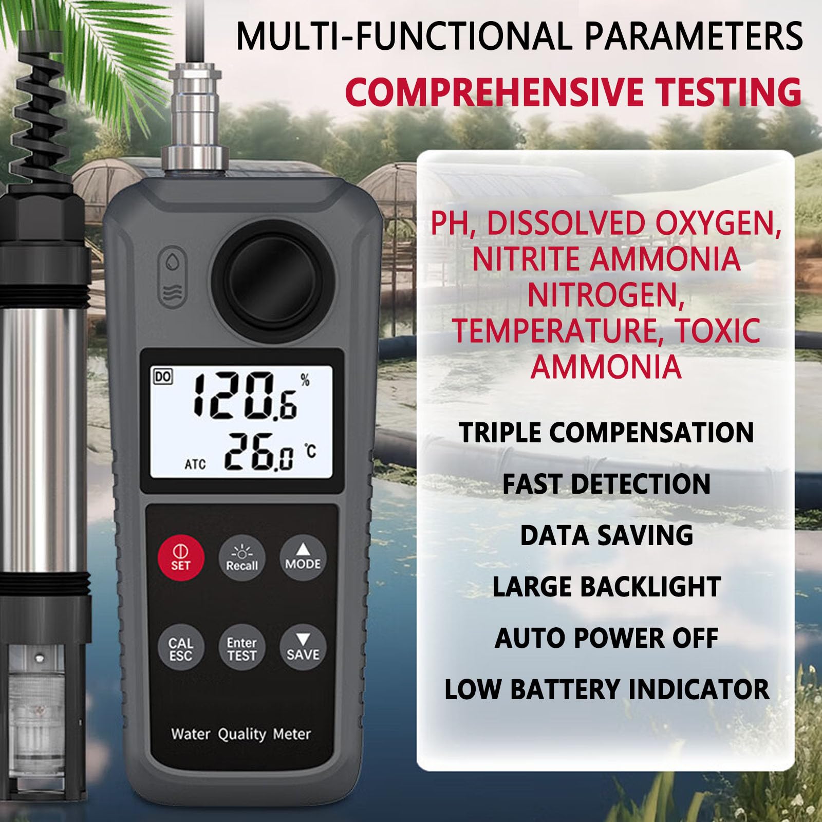 Compteur D'oxygène Dissous, DO Mètre PH/Oxygène Dissous/Nitrite Température/Ammoniac/Azote Ammoniacal °C/°F 99 Ensembles de Données Stockées