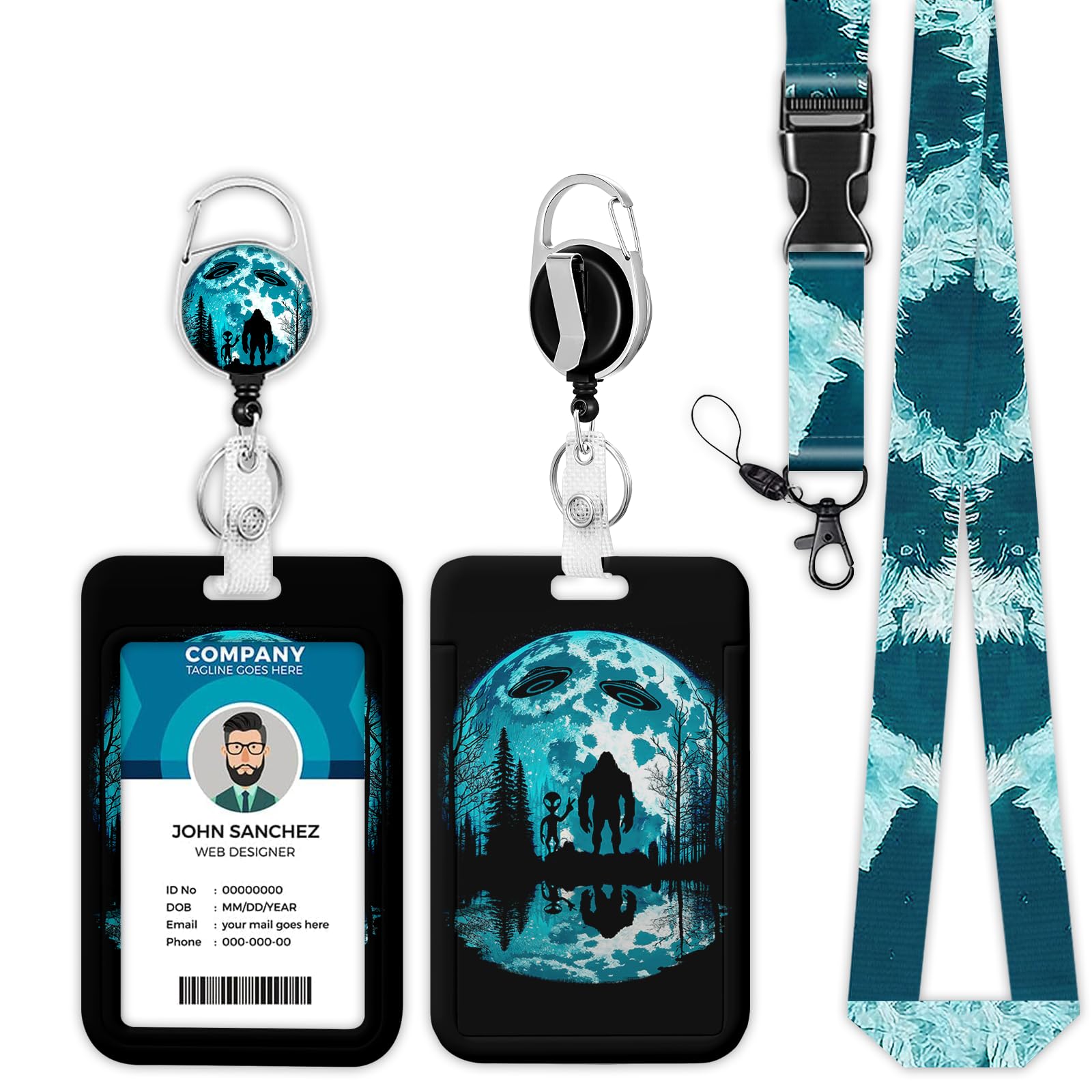 PUIBUN Alien and Bigfoot Lanyards for ID Badges, Moon Forest ID Badge Holder with Lanyard Retractable Badge Holder/Reel Lanyard Teacher, Kids