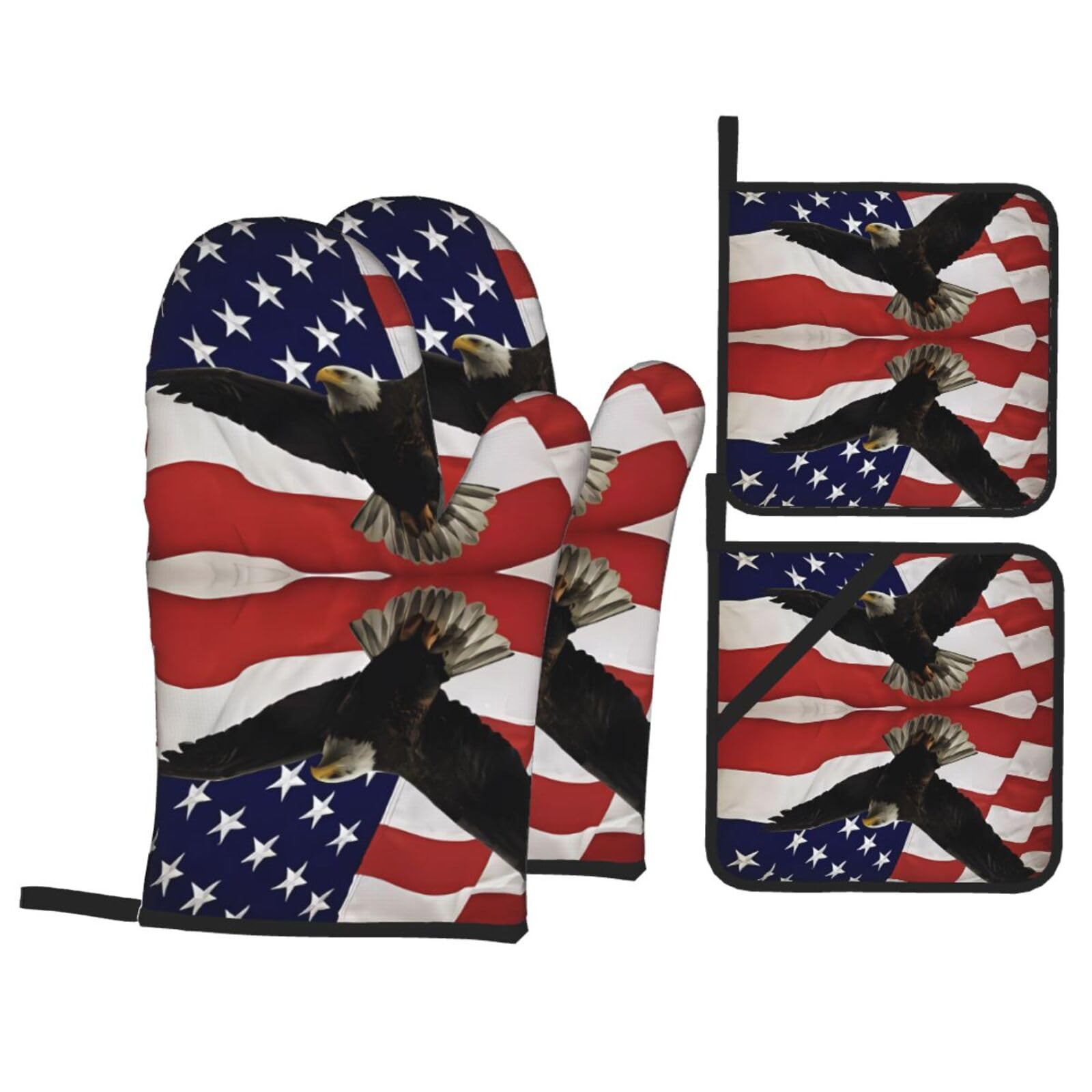 HJFCZH American Flag Fly Eagle Prints Kitchen Throw Set: Durable Oven Layers with Waterproof Polyester – 4 Piece Heat Protection System